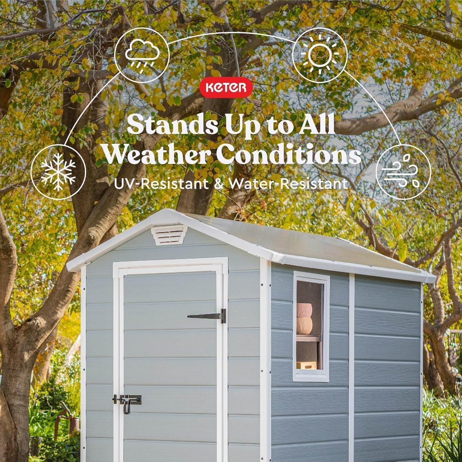 Keter Manor 4×6 Resin Outdoor Storage Shed Kit-Perfect to Store Patio Furniture, Garden Tools Bike Accessories, Beach Chairs and Lawn Mower, Grey & White