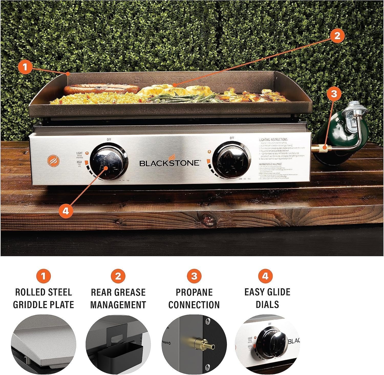 Blackstone 22″ Portable Tabletop Griddle – Dual Burner Flat Top Grill, 24,000 BTU Propane with Stainless Steel Faceplate & Rear Grease System