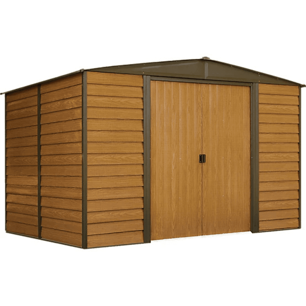 Arrow Woodridge 10' x 8' Galvanized Steel Storage Shed with Woodgrain Finish - TryIlluminate