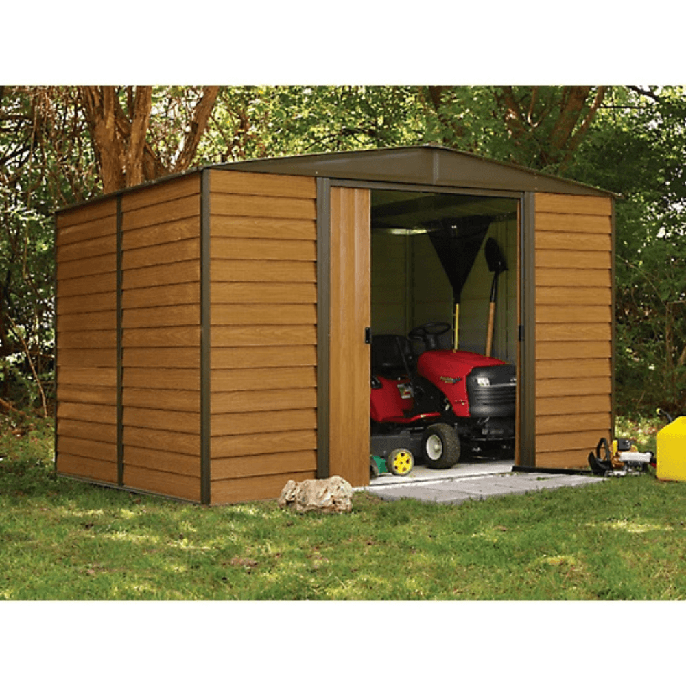 Arrow Woodridge 10' x 8' Galvanized Steel Storage Shed with Woodgrain Finish - TryIlluminate