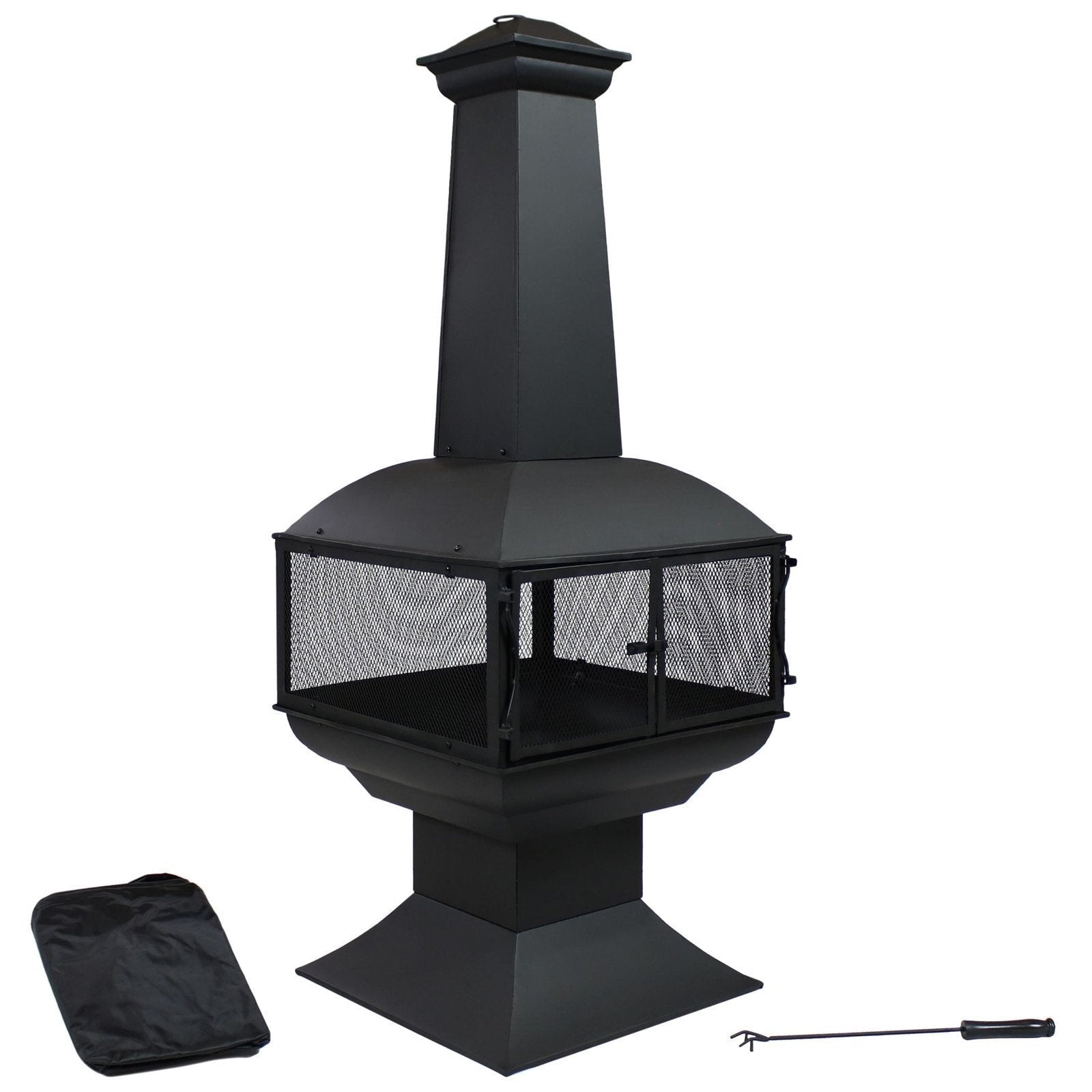 Sunnydaze 57″ 360-Degree View Steel Wood-Burning Chiminea with Grate, Poker, and Cover