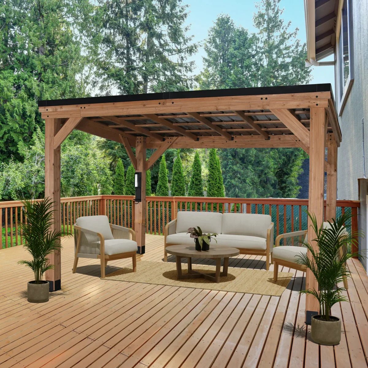 Backyard Discovery Arcadia 12' x 9.5' Cedar Wood Slope Roof Gazebo Patio Pavilion with Black Steel Roof and PowerPort - TryIlluminate