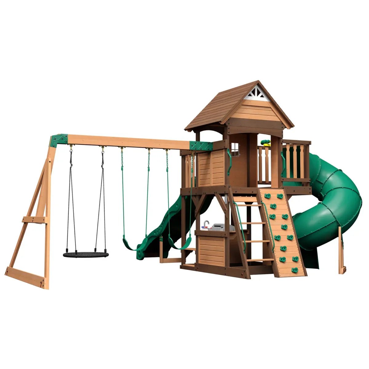 Backyard Discovery Cedar Cove Cedar Wood Playset Swing Set with Spiral Tube Slide Wave Slide and Lower Playhouse - TryIlluminate