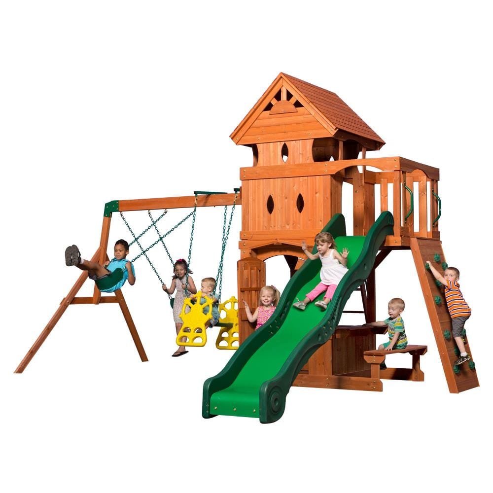 Backyard Discovery Monterey Cedar Wood Playset Swing Set with Double Story Clubhouse Wave Slide and Glider Swing - TryIlluminate