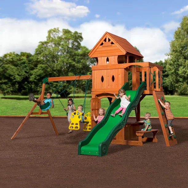 Backyard Discovery Monterey Cedar Wood Playset Swing Set with Double Story Clubhouse Wave Slide and Glider Swing - TryIlluminate