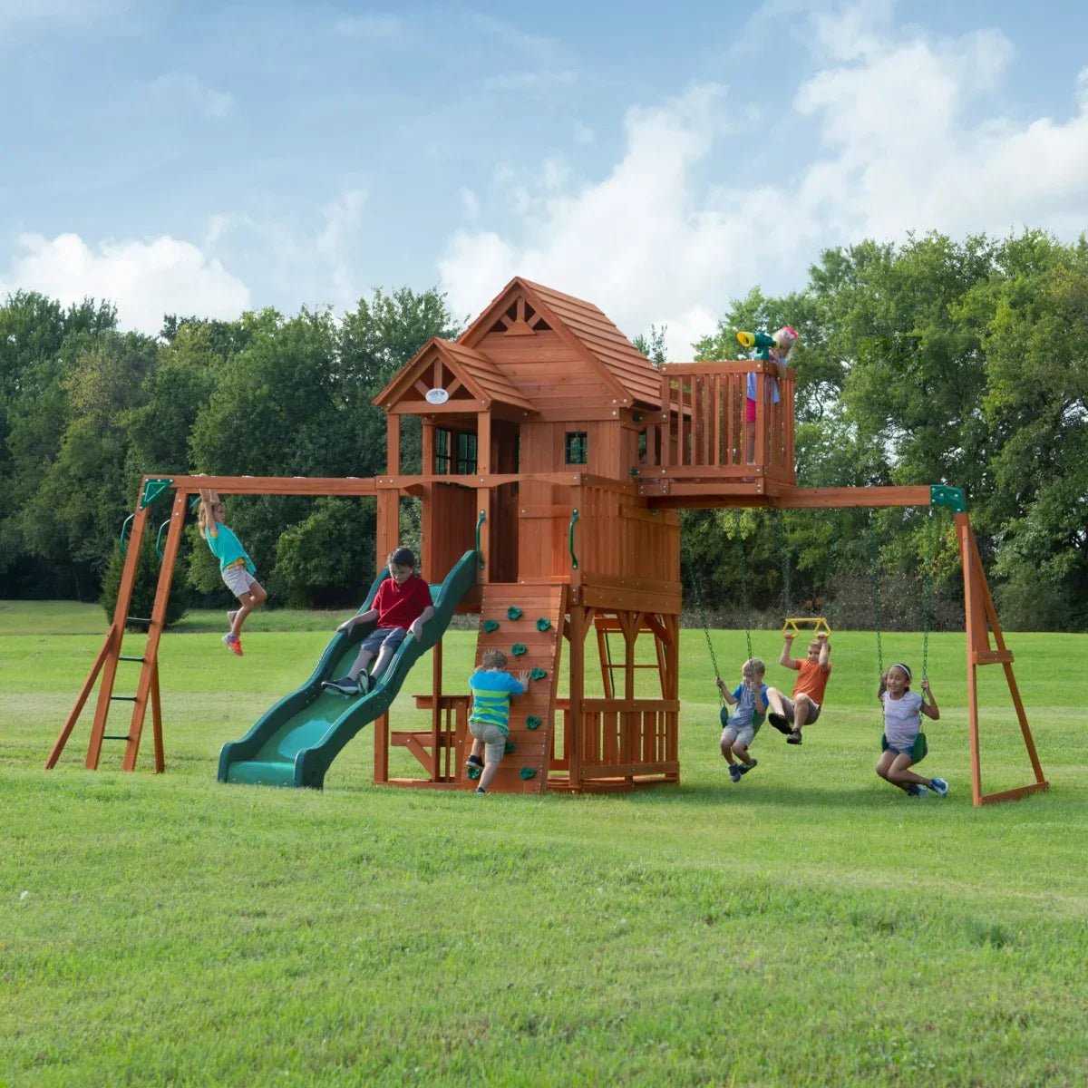 Backyard Discovery Skyfort II Cedar Wood Playset Swing Set with Raised Clubhouse Wave Slide Monkey Bars and Rock Climbing Wall - TryIlluminate