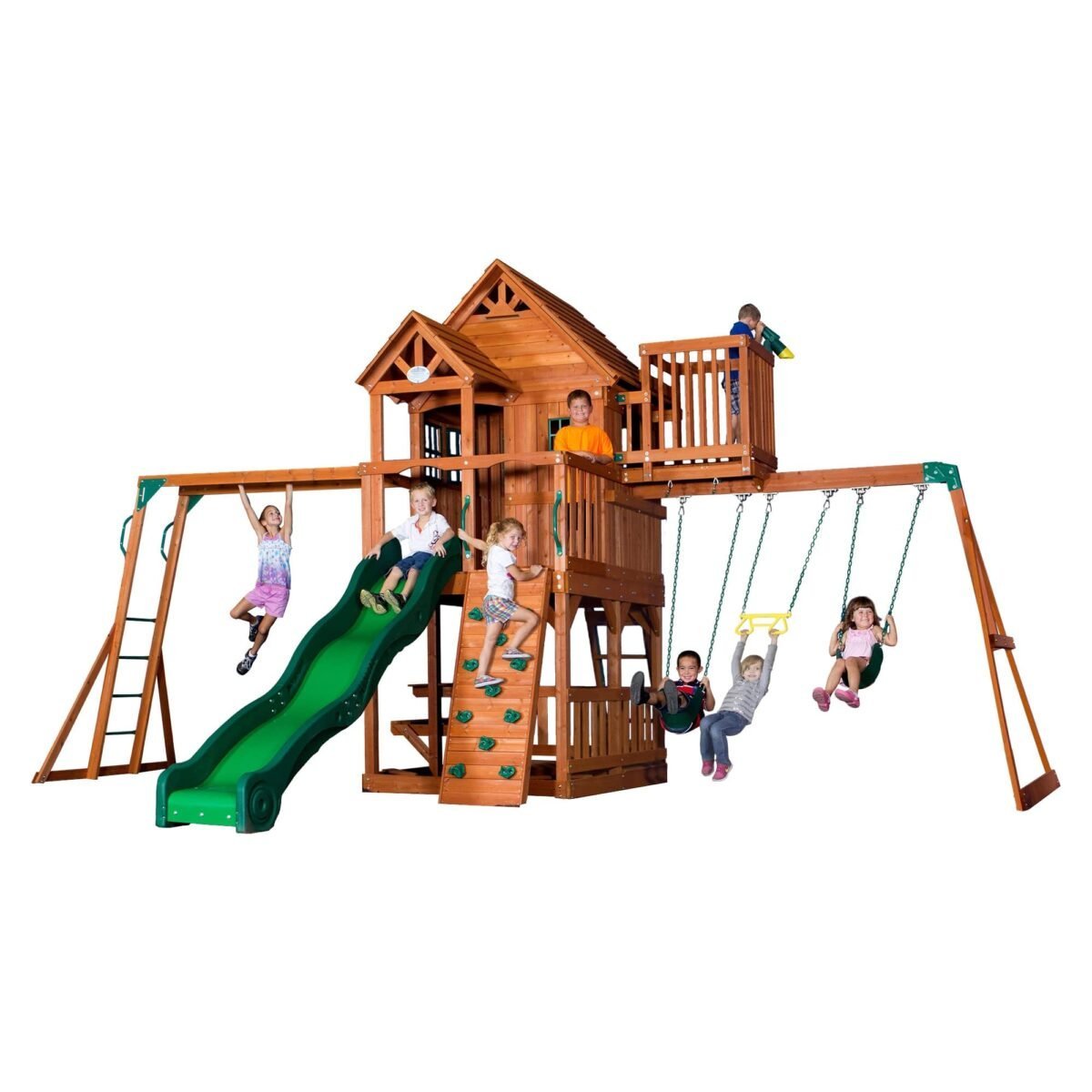 Backyard Discovery Skyfort II Cedar Wood Playset Swing Set with Raised Clubhouse Wave Slide Monkey Bars and Rock Climbing Wall - TryIlluminate