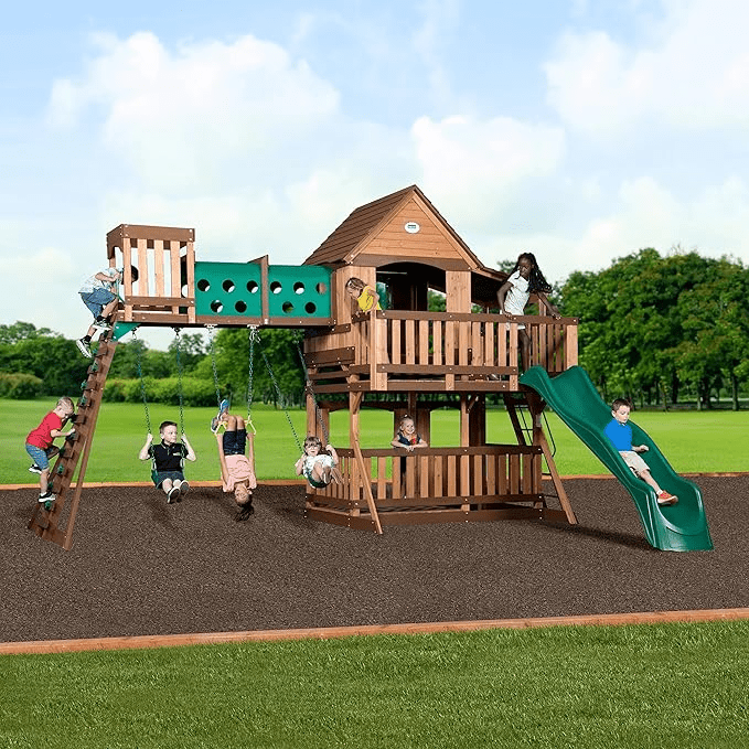 Backyard Discovery Woodridge Elite Wooden Swing Set with Wave Slide and Clubhouse - TryIlluminate