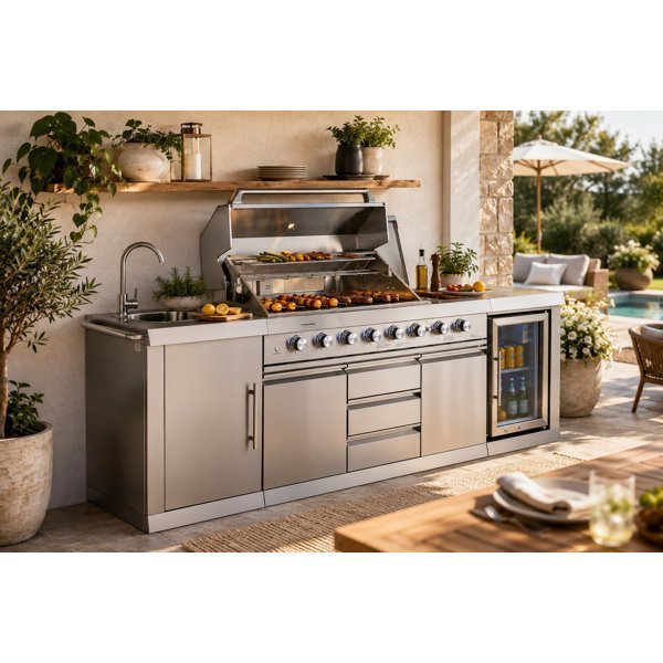Big Horn 6-Burner Propane Gas Grill Island with Outdoor Rated Refrigerator - TryIlluminate