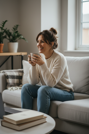 Create realistic customer avatar images for an e-commerce lighting brand.

The avatars should look like genuine everyday customers, not models or influencers.

Requirements:
– Natural lighting
– Casual clothing
– Neutral or home background
– Friendly but not posed
– Diverse but believable UK customersFemale, 20s–30s, renter, modern casual style