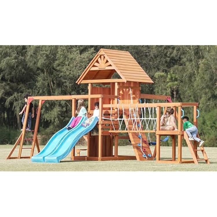 Dolphin Playground Wooden Swing Sets Monkey bar Plank Bridge with Rope Mesh - TryIlluminate