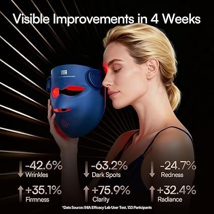 INIA Glow 4D Wireless Red Light Therapy Mask for face – Dual NIR, 320 LEDs, 4 Modes, Under-Eye Cooling, Cordless & Rechargeable LED Face Mask for Home & Travel, Skincare Gifts for Women Mom Wife, Blue - TryIlluminate