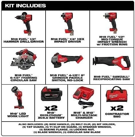 Milwaukee M18 FUEL 18V Lithium-Ion Brushless Cordless Combo Kit with Two 5.0 Ah Batteries, 1 Charger, 2 Tool Bags (7-Tool) - TryIlluminate