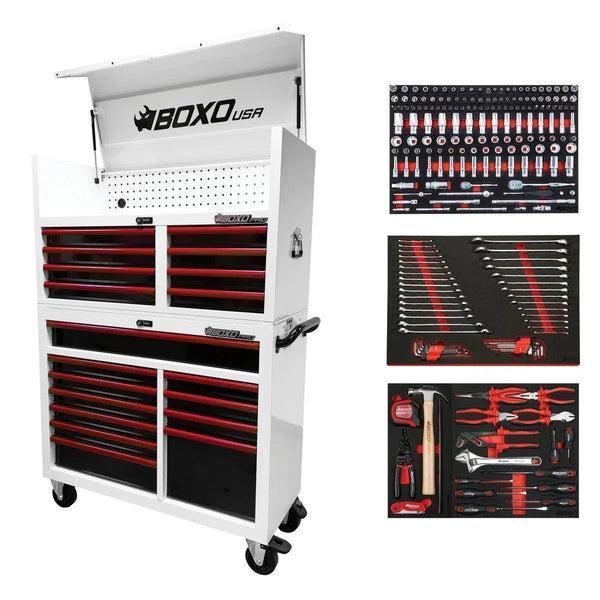Pro Series | Loaded 53″ 20-Drawer Rolling Tool Box | White and Red - TryIlluminate
