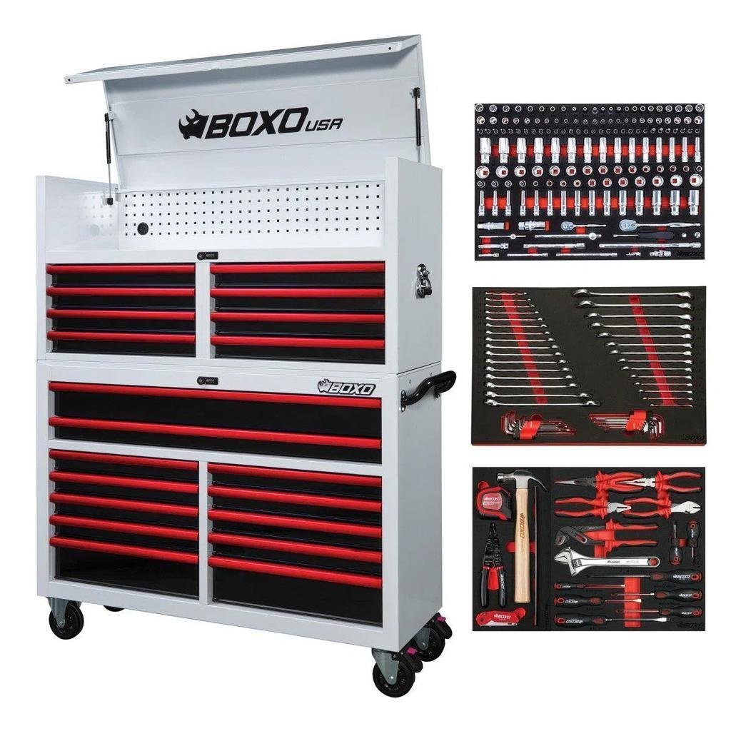 Pro Series | Loaded 53″ 20-Drawer Rolling Tool Box | White and Red - TryIlluminate