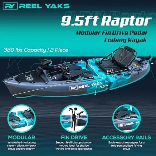 Reel Yaks Raptor Modular Fishing Kayak – 9.5ft Lightweight Sit On Top Kayak for Adults & Youth – Stable & Portable, Ideal Space-Saving Design for Travels – 380lbs Capacity - TryIlluminate