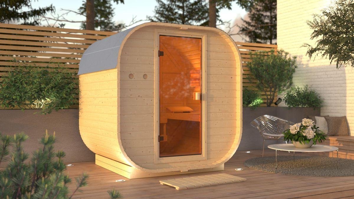 Sauna d’extérieur tonneau en bois massif pour 1 à 2 personnes 38mm 199x175x205cm KARIBU - TryIlluminate
