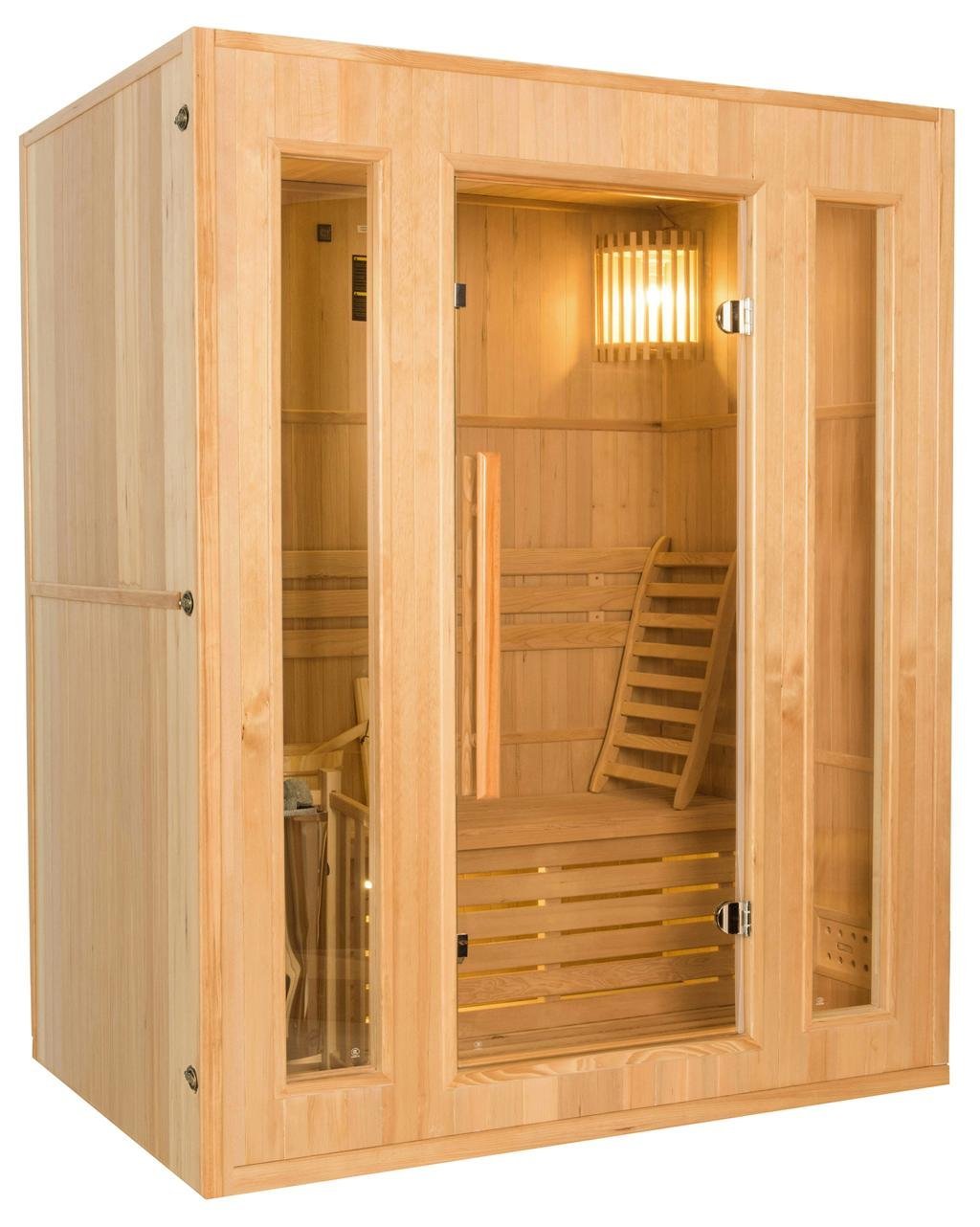 Sauna Finlandais Vapeur Feroe 3 Places en Hemlock 1500x1200x1900mm Poêle Electrique 4.5kW - TryIlluminate