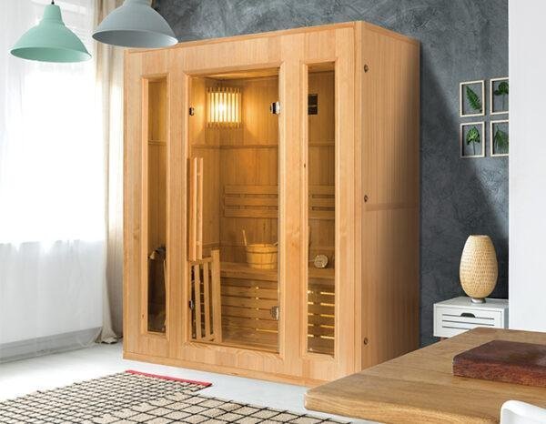 Sauna Finlandais Vapeur Feroe 3 Places en Hemlock 1500x1200x1900mm Poêle Electrique 4.5kW - TryIlluminate