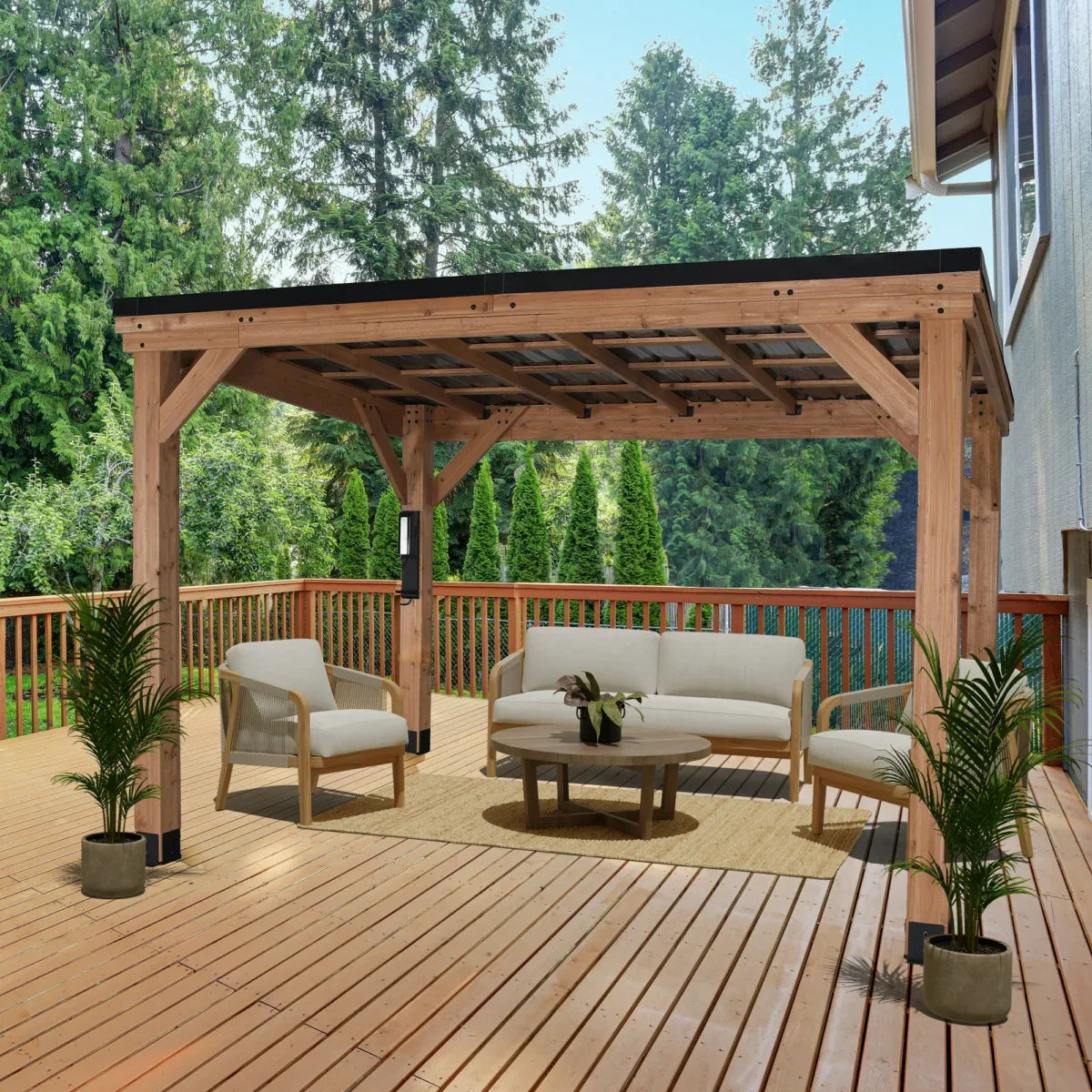 Backyard Discovery Arcadia 12' x 9.5' Cedar Wood Slope Roof Gazebo Patio Pavilion with Black Steel Roof and PowerPort