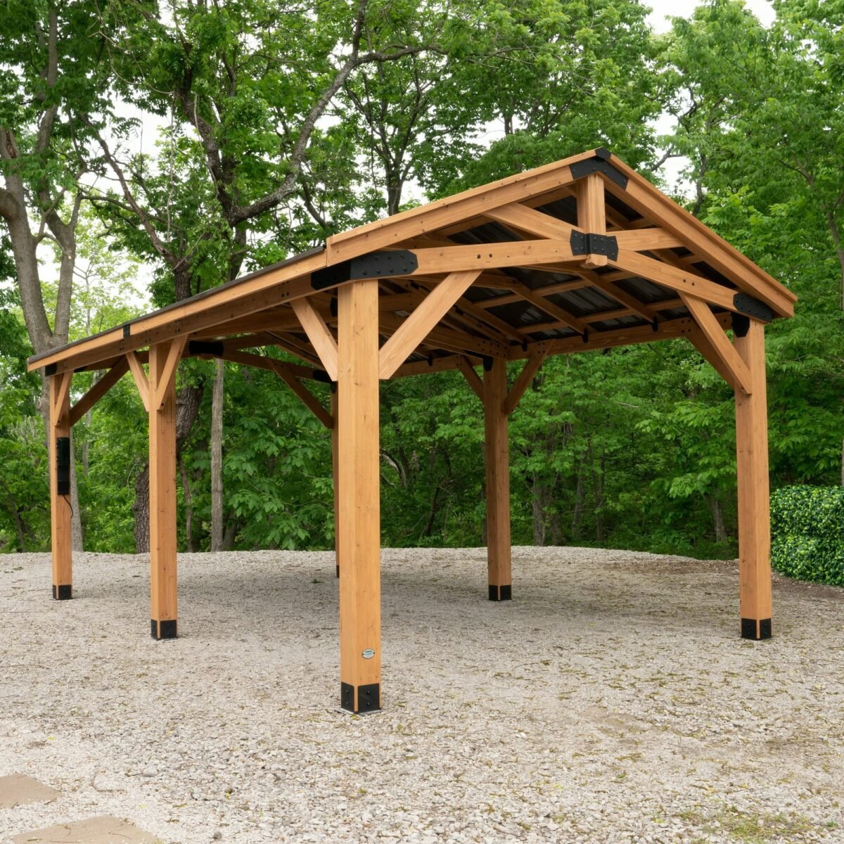 Backyard Discovery Norwood 20' x 12' Cedar Wood Pavilion Carport Heavy-Duty Gazebo Shelter with Steel Roof and PowerPort