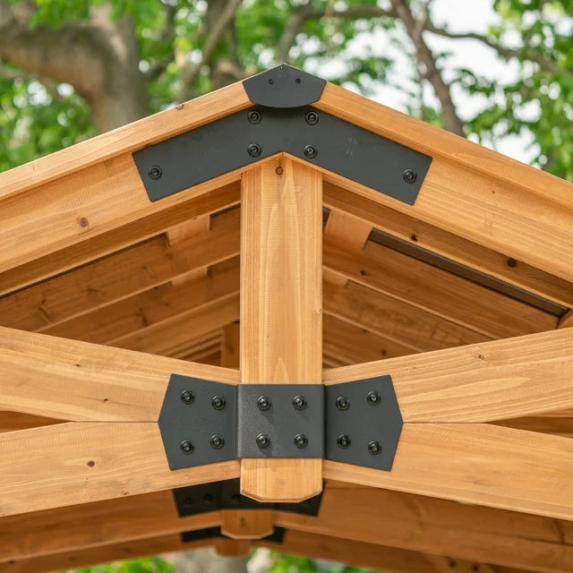Backyard Discovery Norwood 20' x 12' Cedar Wood Pavilion Carport Heavy-Duty Gazebo Shelter with Steel Roof and PowerPort
