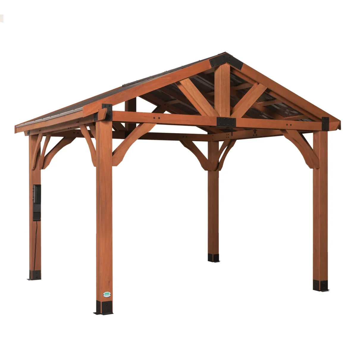 Backyard Discovery Brookdale 12' x 10' Cedar Wood Gazebo Outdoor Patio Pavilion with Black Steel Roof and PowerPort