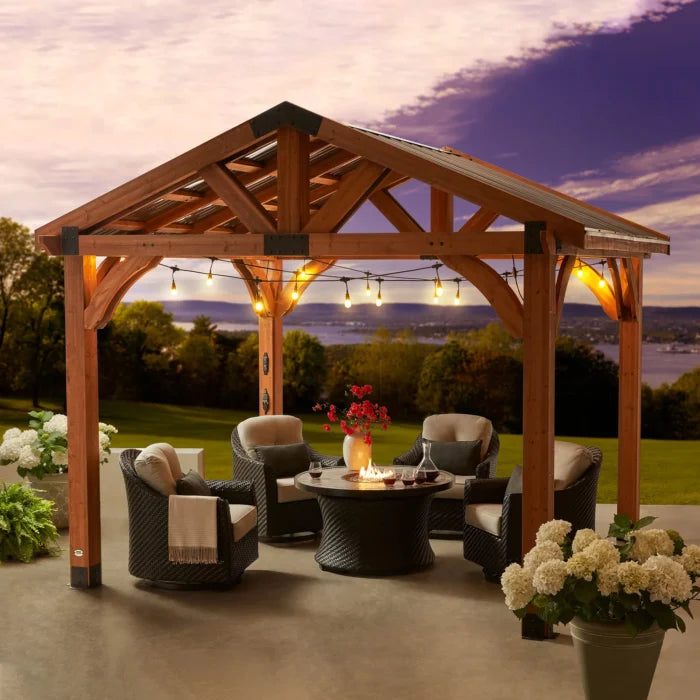 Backyard Discovery Brookdale 12' x 10' Cedar Wood Gazebo Outdoor Patio Pavilion with Black Steel Roof and PowerPort