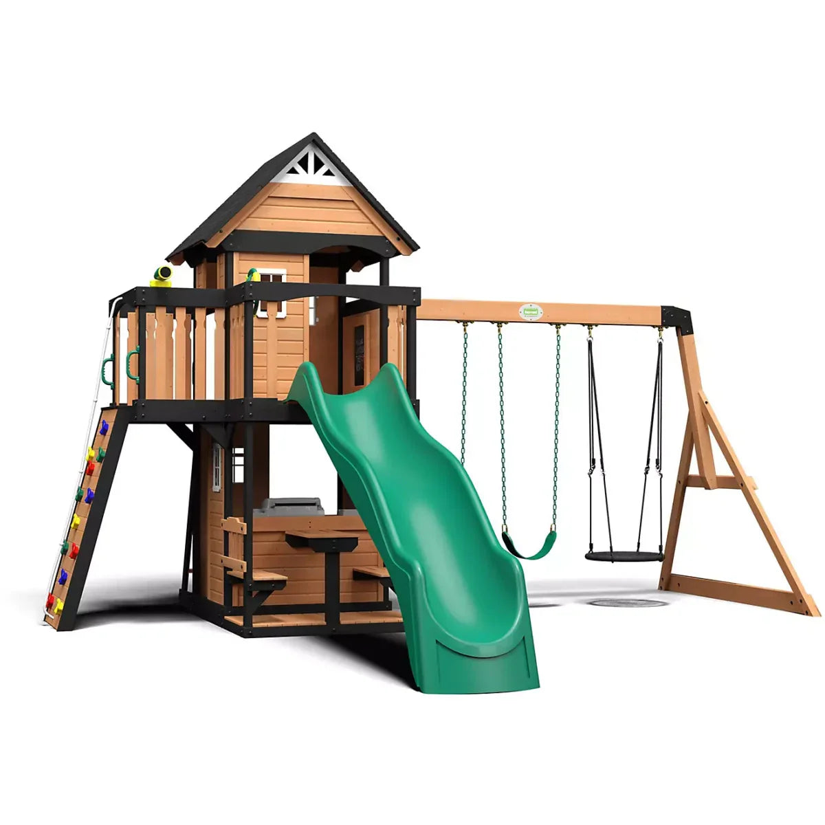 Backyard Discovery Canyon Creek Cedar Wood Playset Swing Set with Wave Slide Rock Climbing Wall and Lower Playhouse