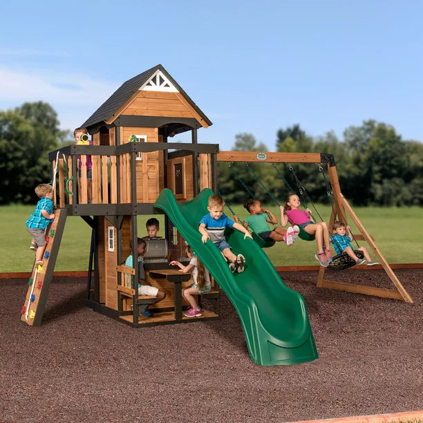 Backyard Discovery Canyon Creek Cedar Wood Playset Swing Set with Wave Slide Rock Climbing Wall and Lower Playhouse