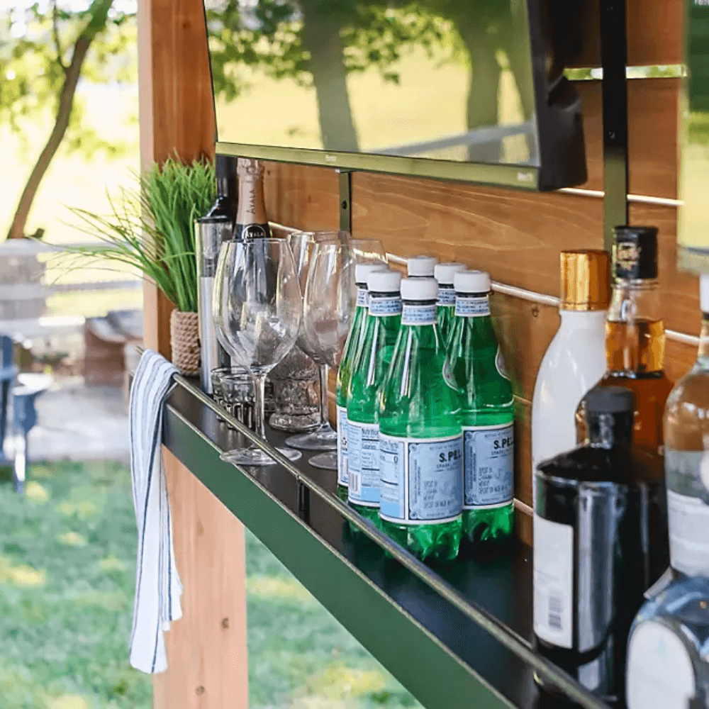 Backyard Discovery Cedar Springs Cedar Wood Outdoor Bar Set with Steel Countertops Shelving and TV Mount Privacy Wall
