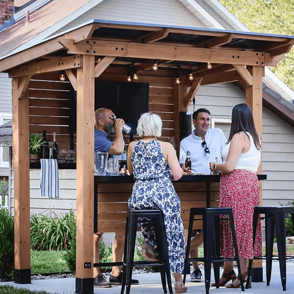 Backyard Discovery Cedar Springs Cedar Wood Outdoor Bar Set with Steel Countertops Shelving and TV Mount Privacy Wall