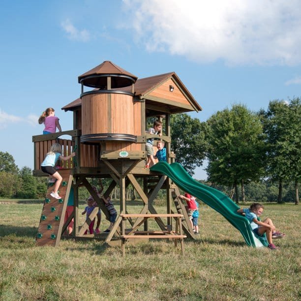 Backyard Discovery Eagles Nest Cedar Wooden Playhouse Playset with 7-Foot Crow's Nest Wave Slide and Rock Climbing Wall