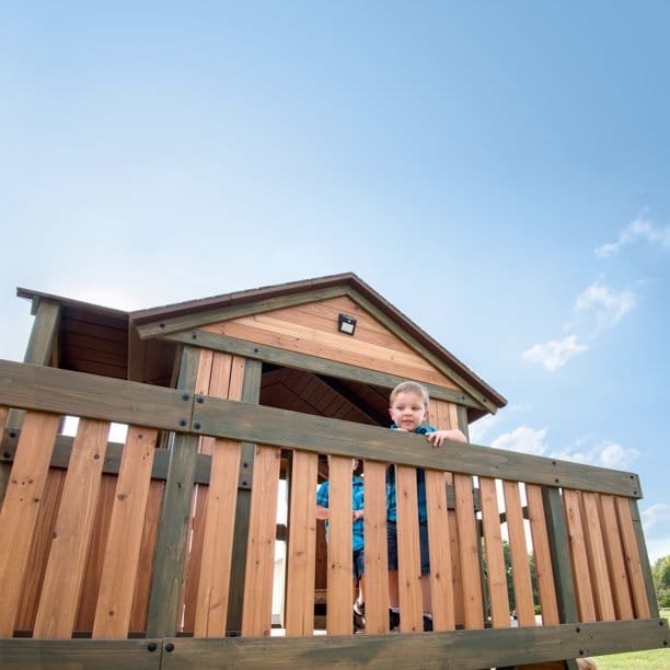 Backyard Discovery Eagles Nest Cedar Wooden Playhouse Playset with 7-Foot Crow's Nest Wave Slide and Rock Climbing Wall