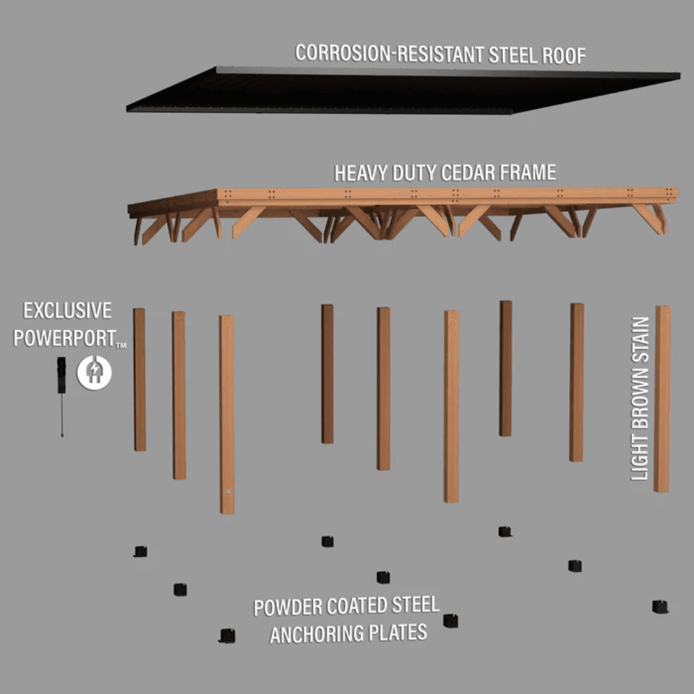 Backyard Discovery Kingsport 20' x 20' Cedar Wood Carport Heavy-Duty Outdoor Vehicle Shelter with Black Steel Roof and PowerPort