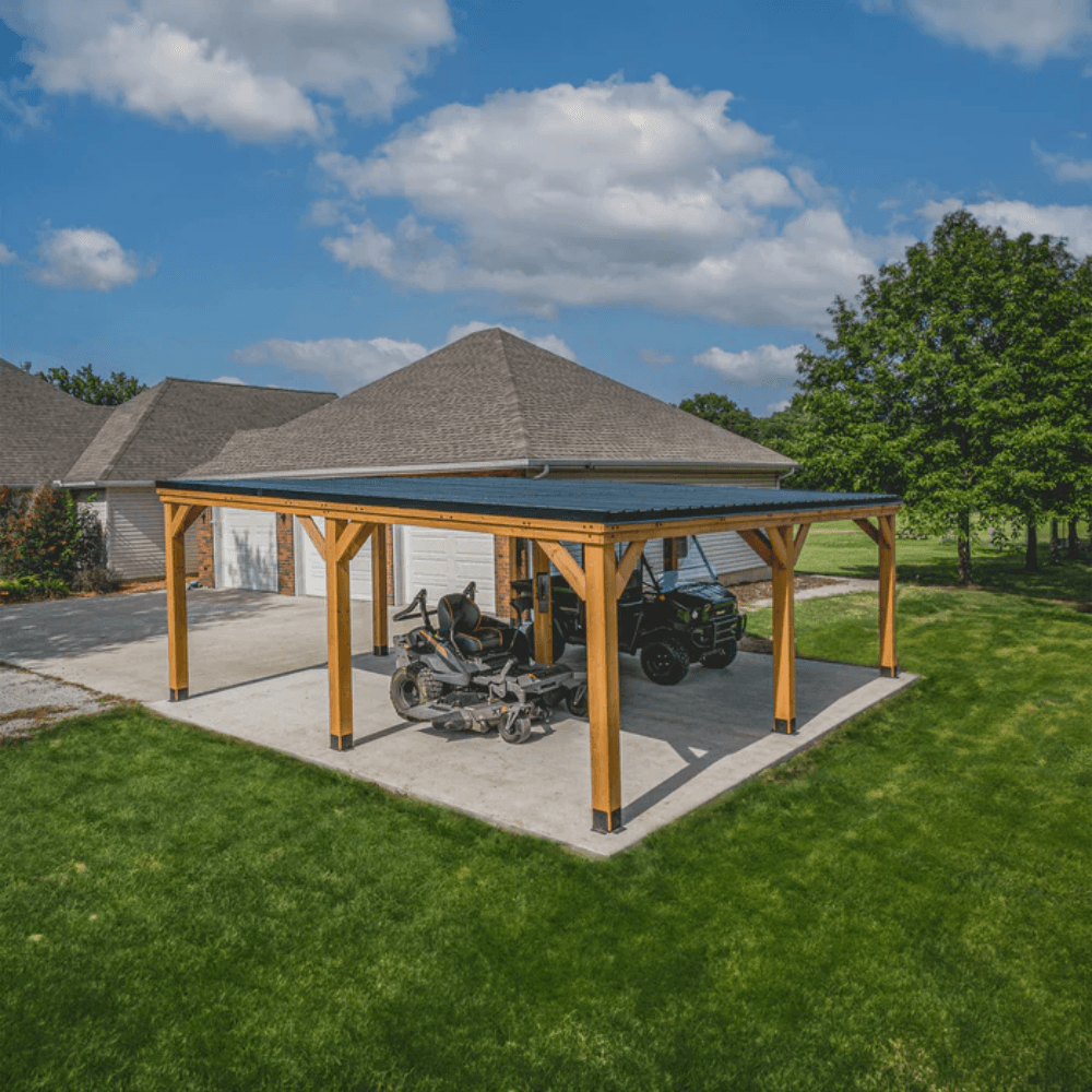 Backyard Discovery Kingsport 20' x 20' Cedar Wood Carport Heavy-Duty Outdoor Vehicle Shelter with Black Steel Roof and PowerPort