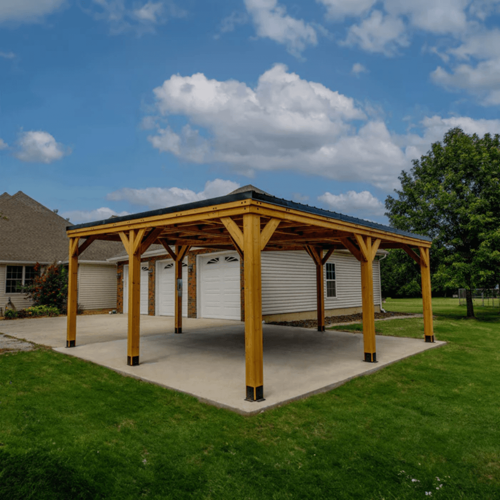 Backyard Discovery Kingsport 20' x 20' Cedar Wood Carport Heavy-Duty Outdoor Vehicle Shelter with Black Steel Roof and PowerPort