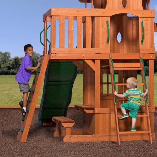 Backyard Discovery Monterey Cedar Wood Playset Swing Set with Double Story Clubhouse Wave Slide and Glider Swing
