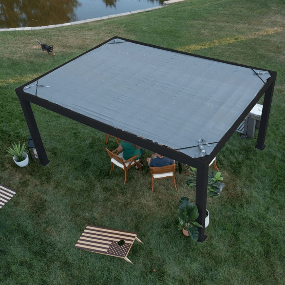 Backyard Discovery Trenton 16' x 12' Modern Galvanized Steel Pergola Black Frame with Shade Sail Canopy and PowerPort