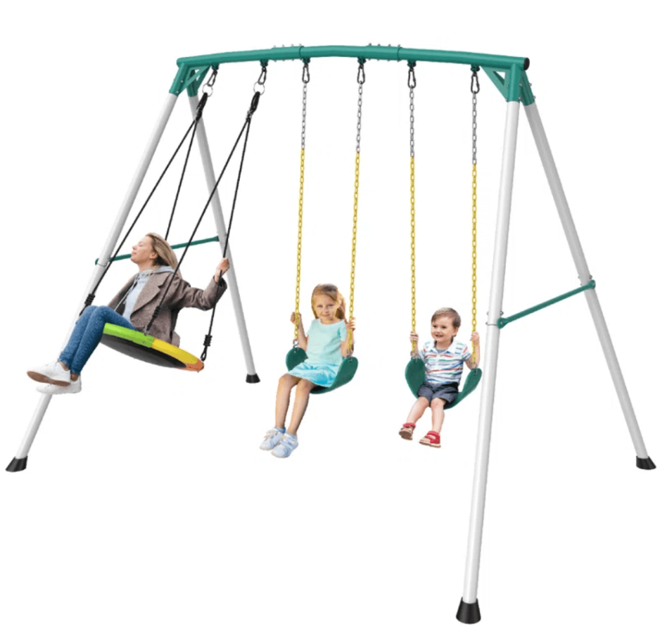 Designasofa 9.5 Ft. Heavy-Duty Metal Outdoor Swing Set with Saucer Swing and 2 Swings