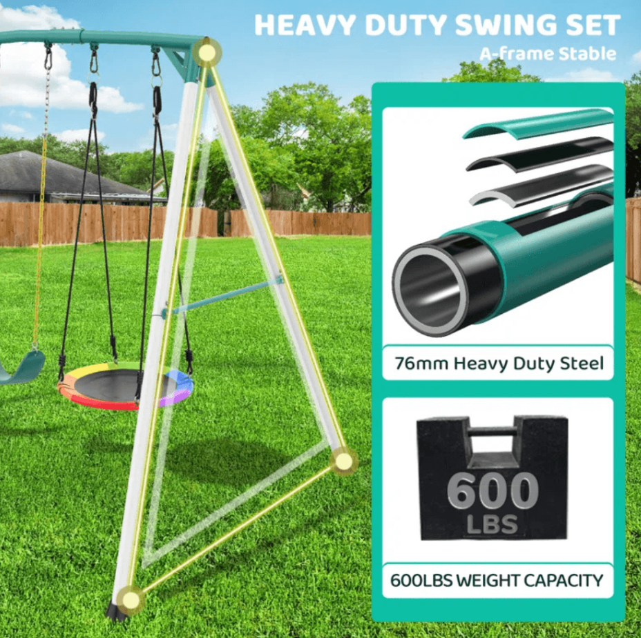 Designasofa 9.5 Ft. Heavy-Duty Metal Outdoor Swing Set with Saucer Swing and 2 Swings