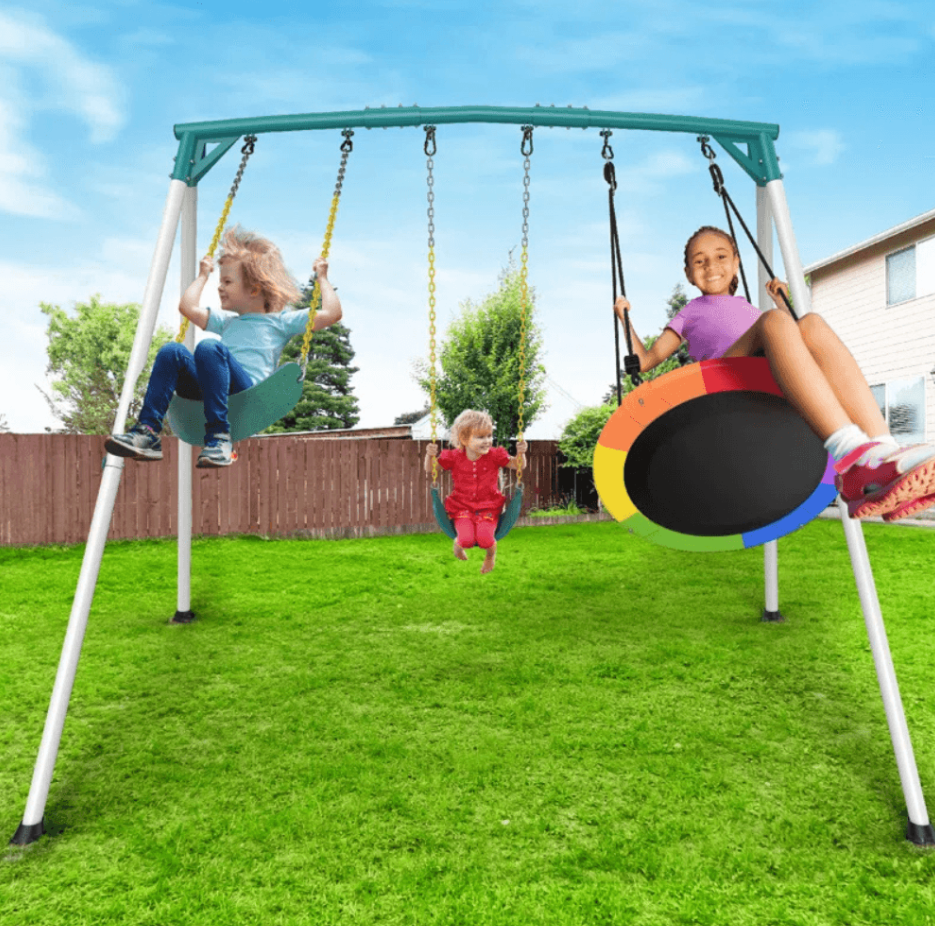 Designasofa 9.5 Ft. Heavy-Duty Metal Outdoor Swing Set with Saucer Swing and 2 Swings