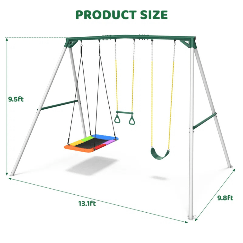 Designasofa 9.5 Ft. Heavy-Duty Metal Swing Set with Belt Swing and Trapeze Bar