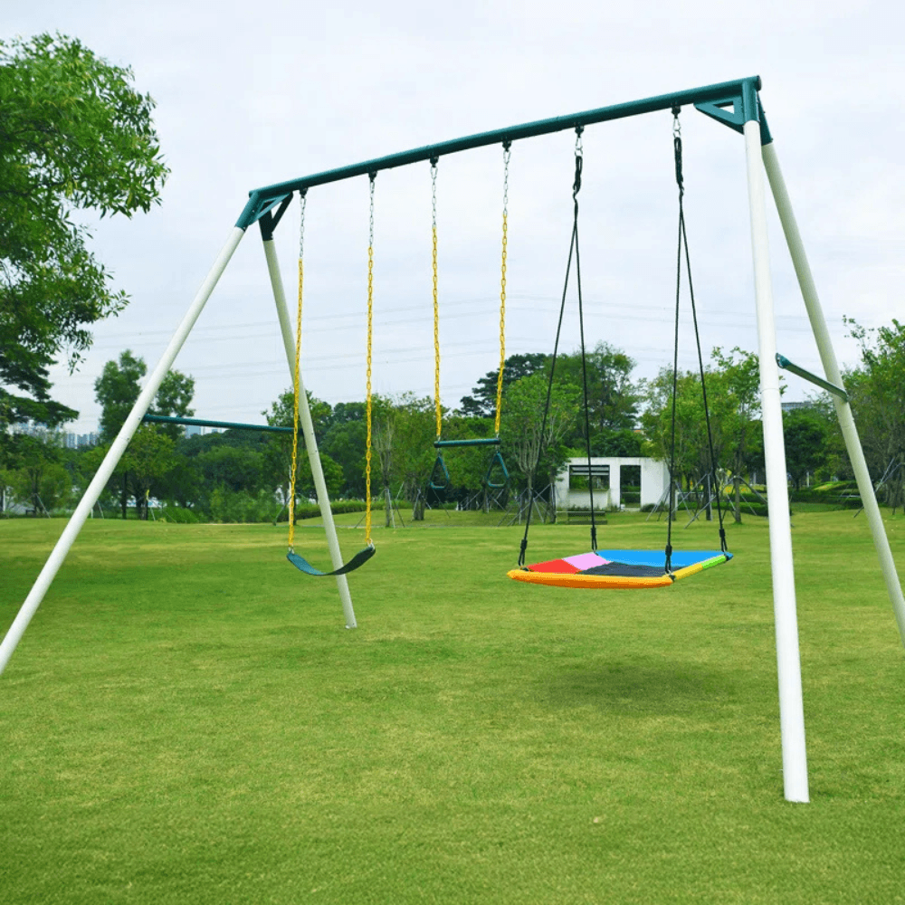 Designasofa 9.5 Ft. Heavy-Duty Metal Swing Set with Belt Swing and Trapeze Bar
