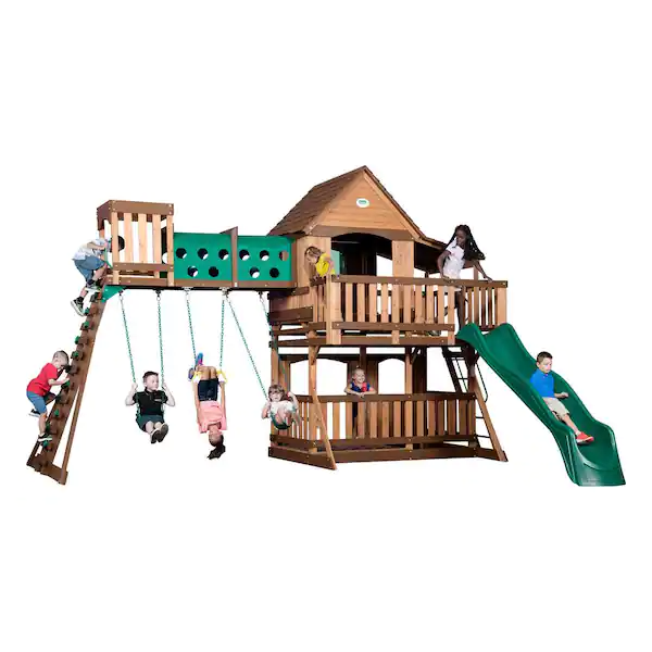 Backyard Discovery Woodridge Elite Wooden Swing Set with Wave Slide and Clubhouse