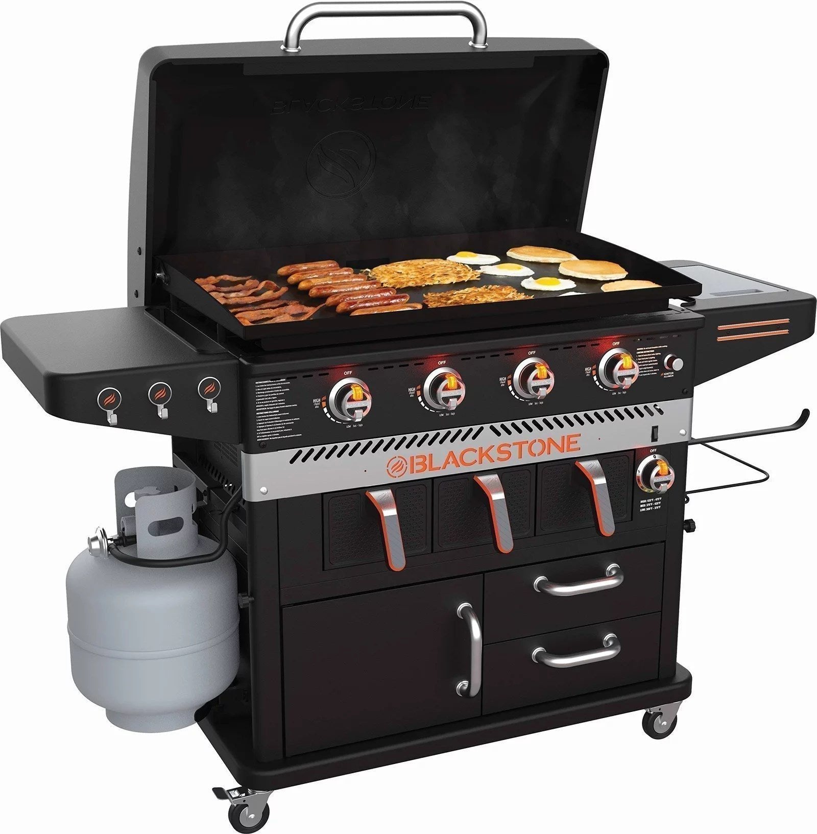 BLACKSTONE 36-Inch 4 Burner Gas Griddle with Dual Air Fryer Drawers – Model 1923 Black